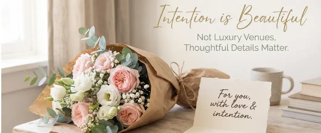 Cinematic scene showing how flowers and thoughtful details transform an ordinary space into a romantic, memorable moment like in films
