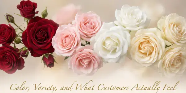 Beautiful display of rose varieties in different colors showing how variety affects color perception: red Freedom roses, pink Pink Mondial, white Playa Blanca, and cream Vendela roses