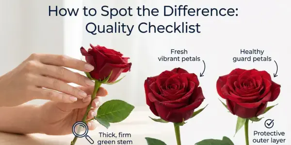 Visual guide showing how to identify premium roses: firm stems, thick petals, partially open blooms, and healthy guard petals